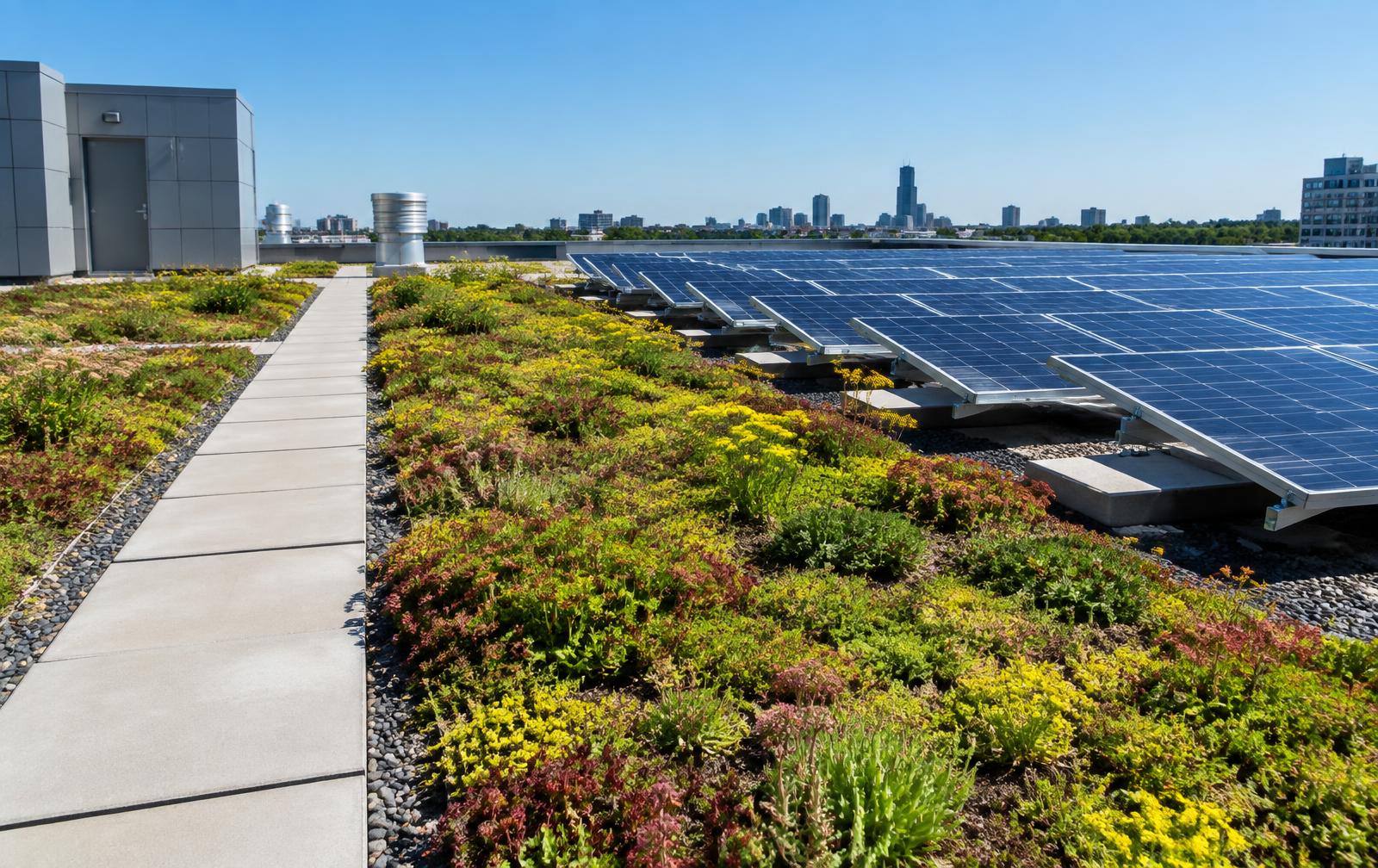 Green roof with sedum plantings and rooftop solar panels